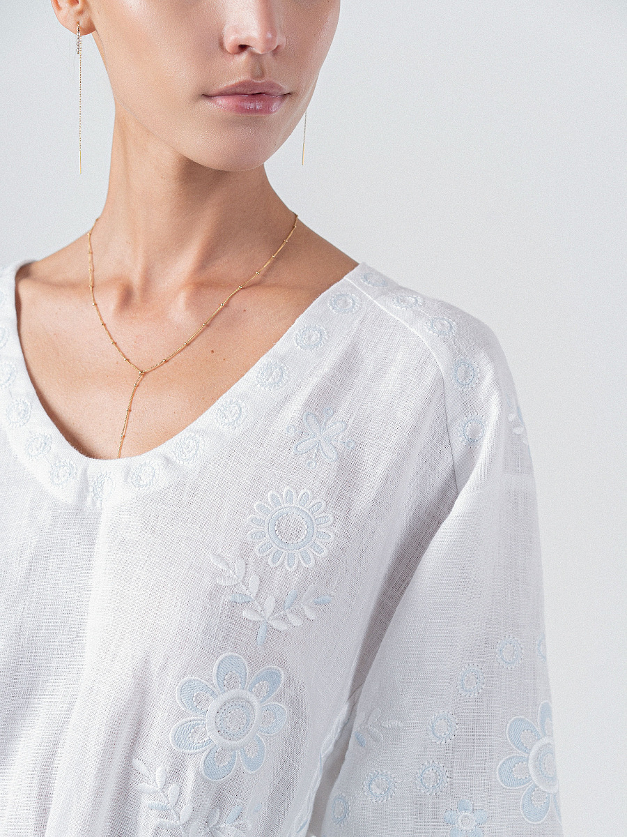 White linen midi dress with white and blue embroidery Rosa [0]