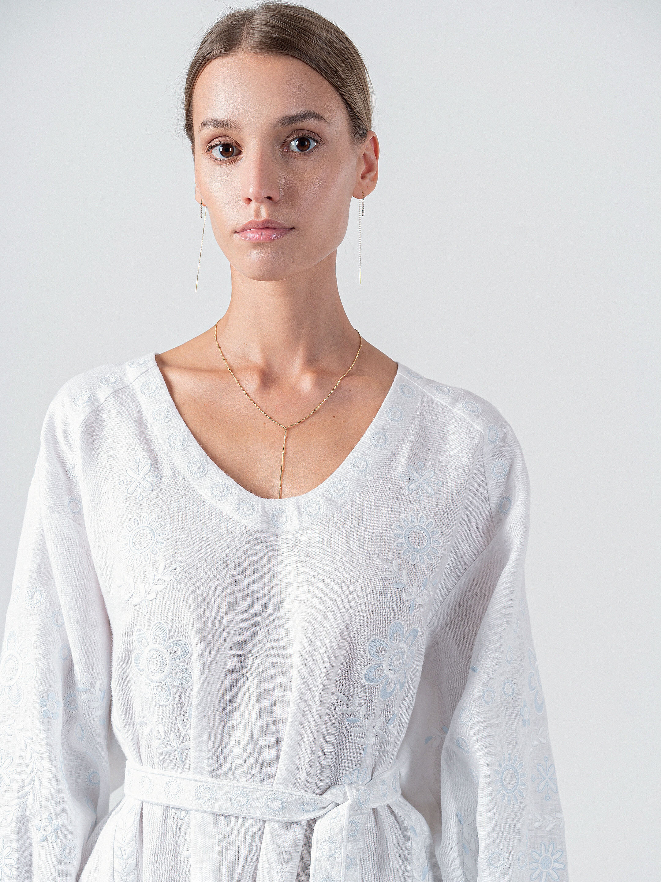 White linen midi dress with white and blue embroidery Rosa cheap