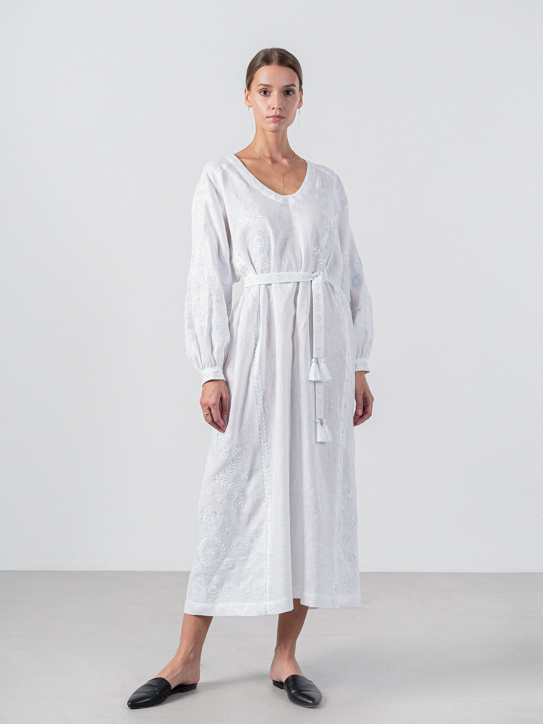 White linen midi dress with white and blue embroidery Rosa Buy