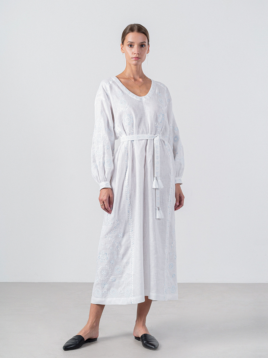 White linen midi dress with white and blue embroidery Rosa [0]