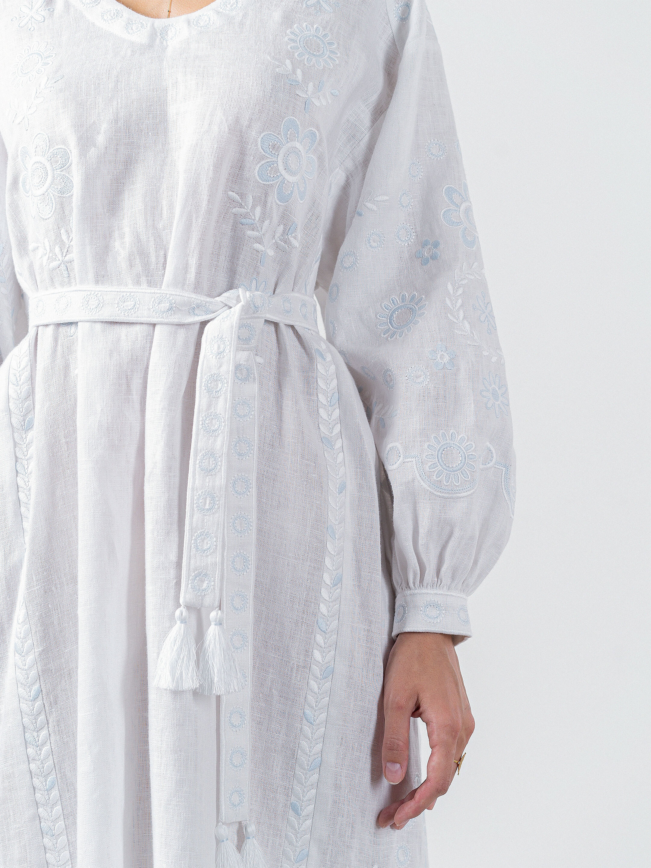 White linen midi dress with white and blue embroidery Rosa order