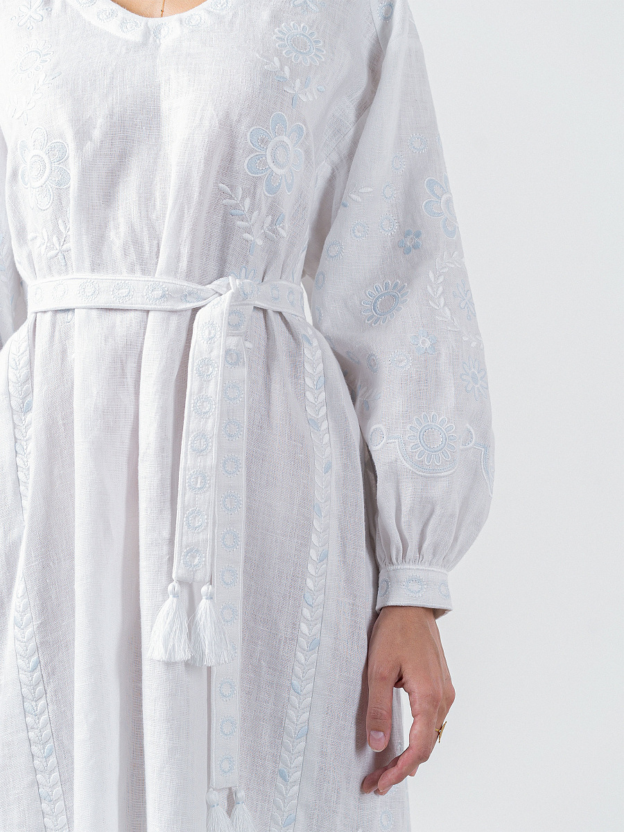 White linen midi dress with white and blue embroidery Rosa [0]