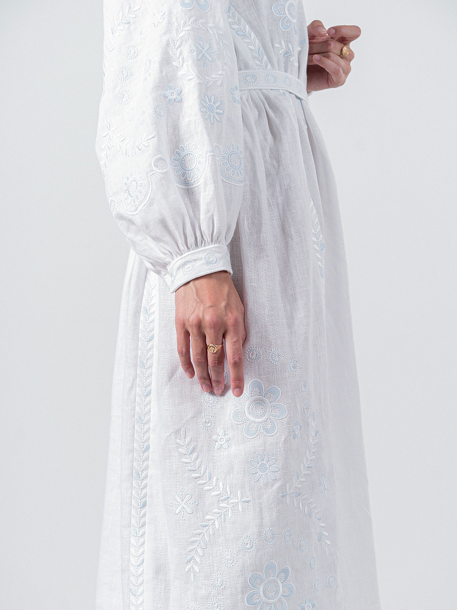 White linen midi dress with white and blue embroidery Rosa [0]