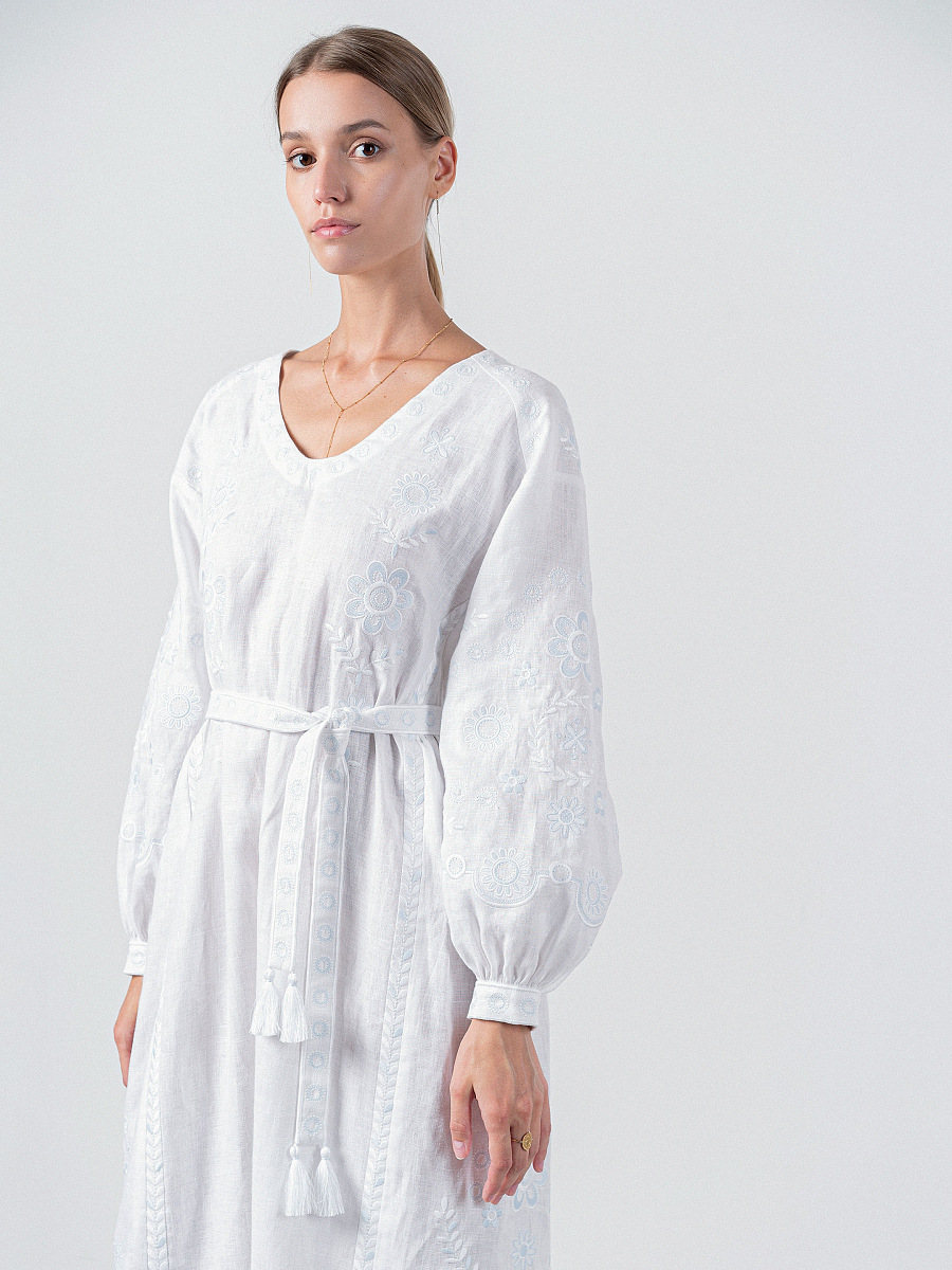 White linen midi dress with white and blue embroidery Rosa [0]