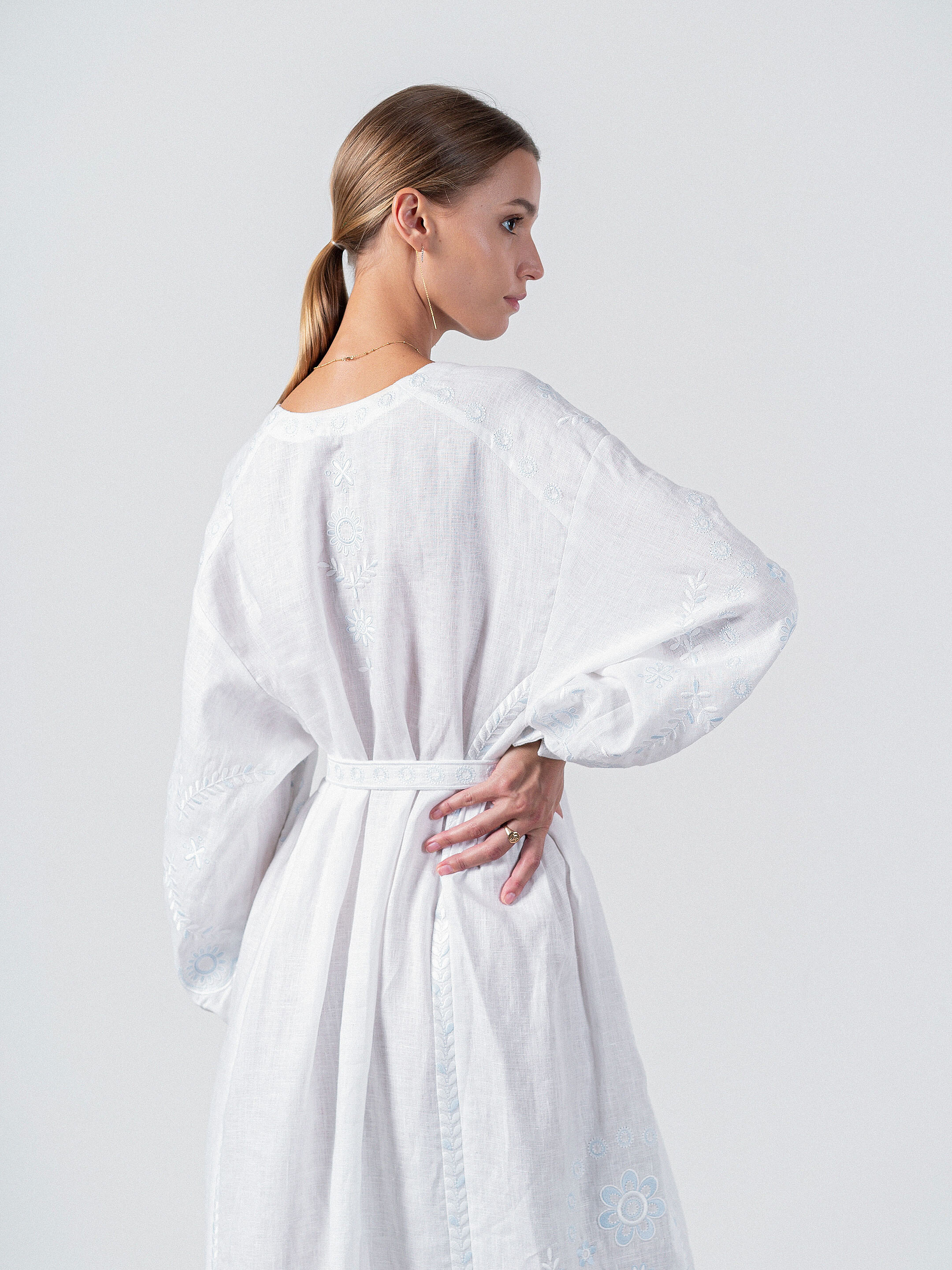 White linen midi dress with white and blue embroidery Rosa photo