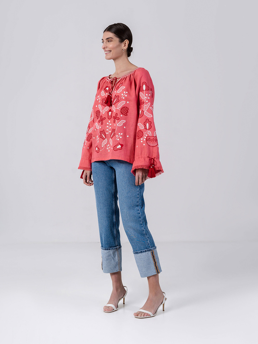 Linen embroidered shirt with floral ornament Pink Harmony [0]