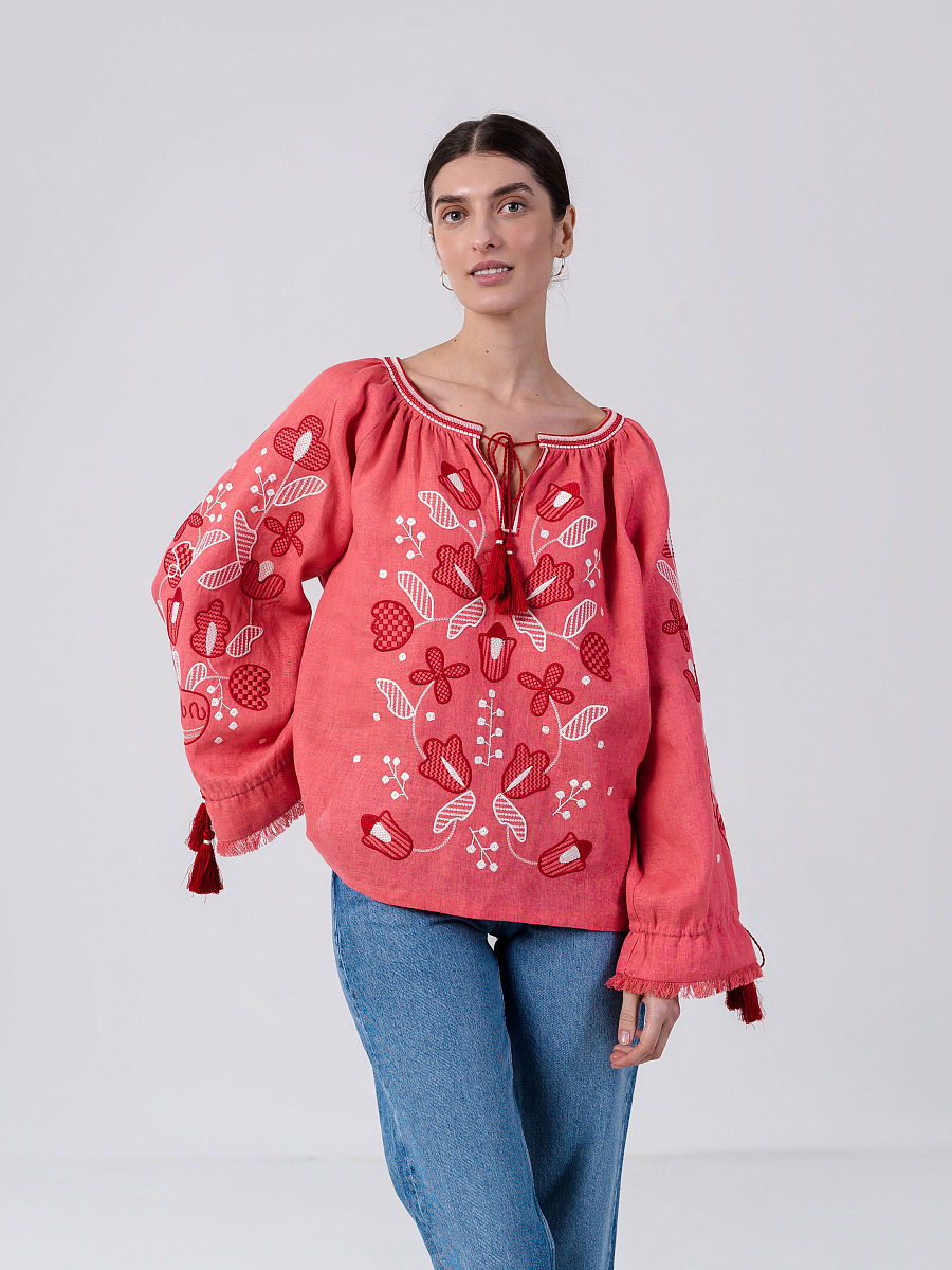 Linen embroidered shirt with floral ornament Pink Harmony [0]