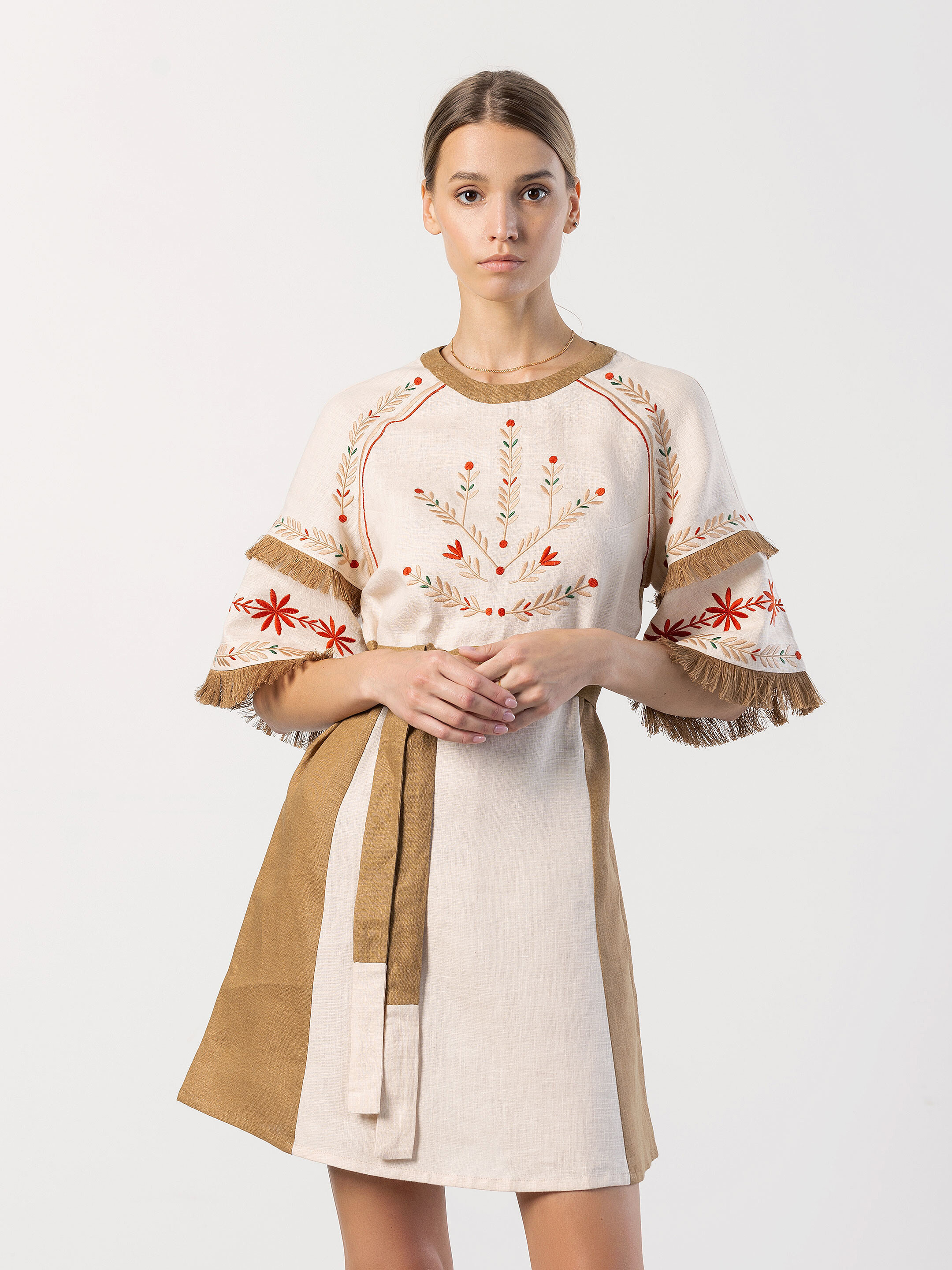 Embroidered beige dress with fringe BELL photo