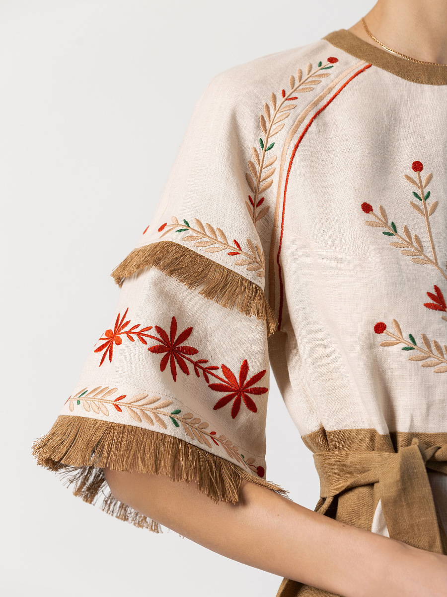 Embroidered beige dress with fringe BELL [0]