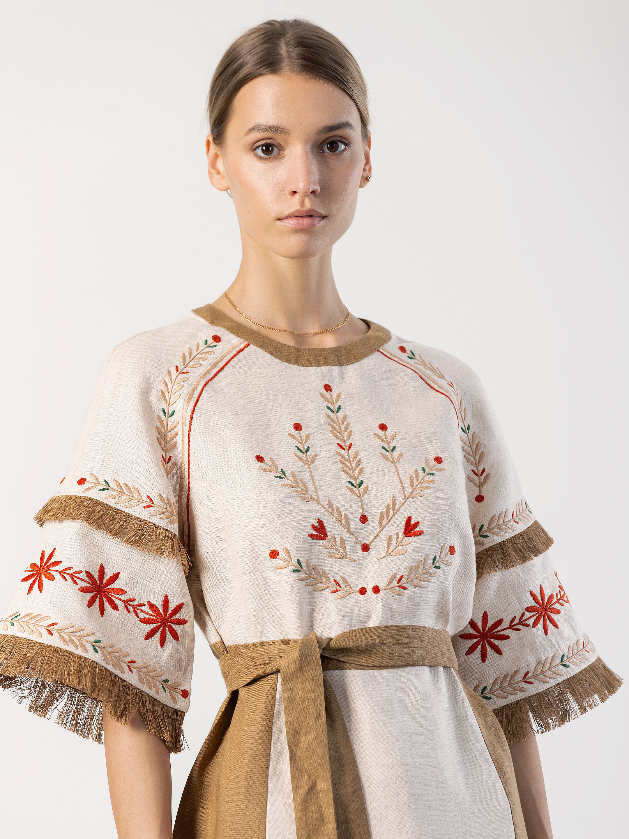 Embroidered beige dress with fringe BELL ціна