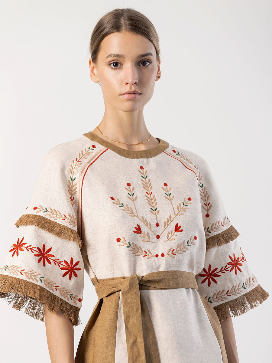Embroidered beige dress with fringe BELL [0]
