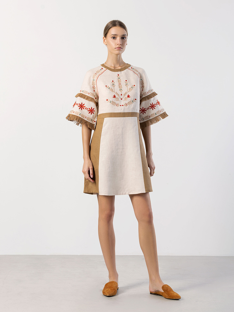 Embroidered beige dress with fringe BELL [0]