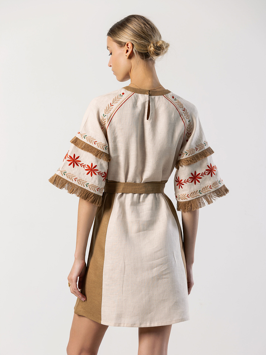 Embroidered beige dress with fringe BELL [0]