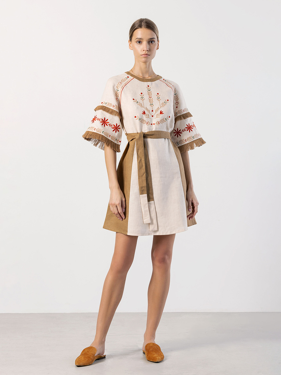 Embroidered beige dress with fringe BELL [0]
