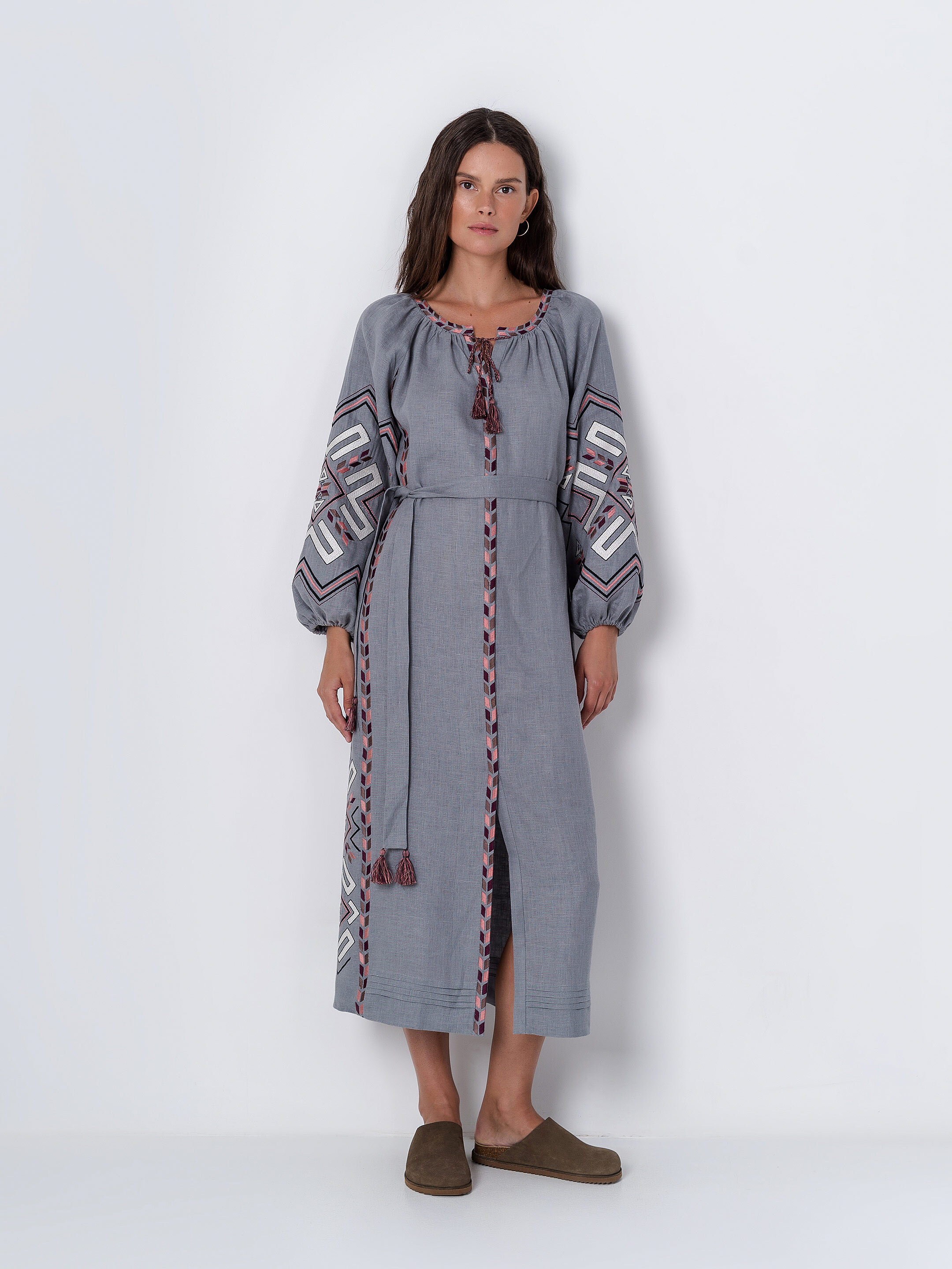 Gray linen dress with geometric embroidery Podilska Buy