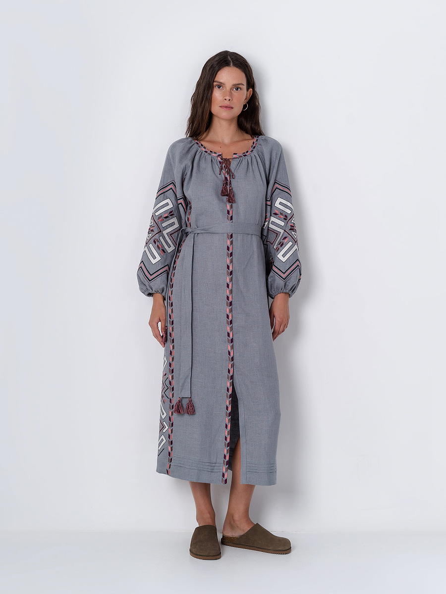 Gray linen dress with geometric embroidery Podilska [0]