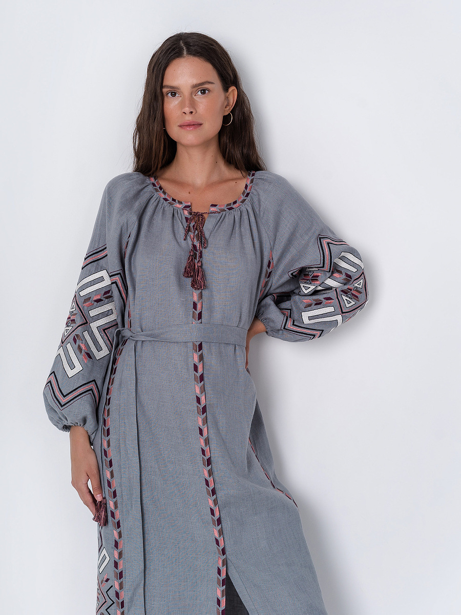 Gray linen dress with geometric embroidery Podilska [0]
