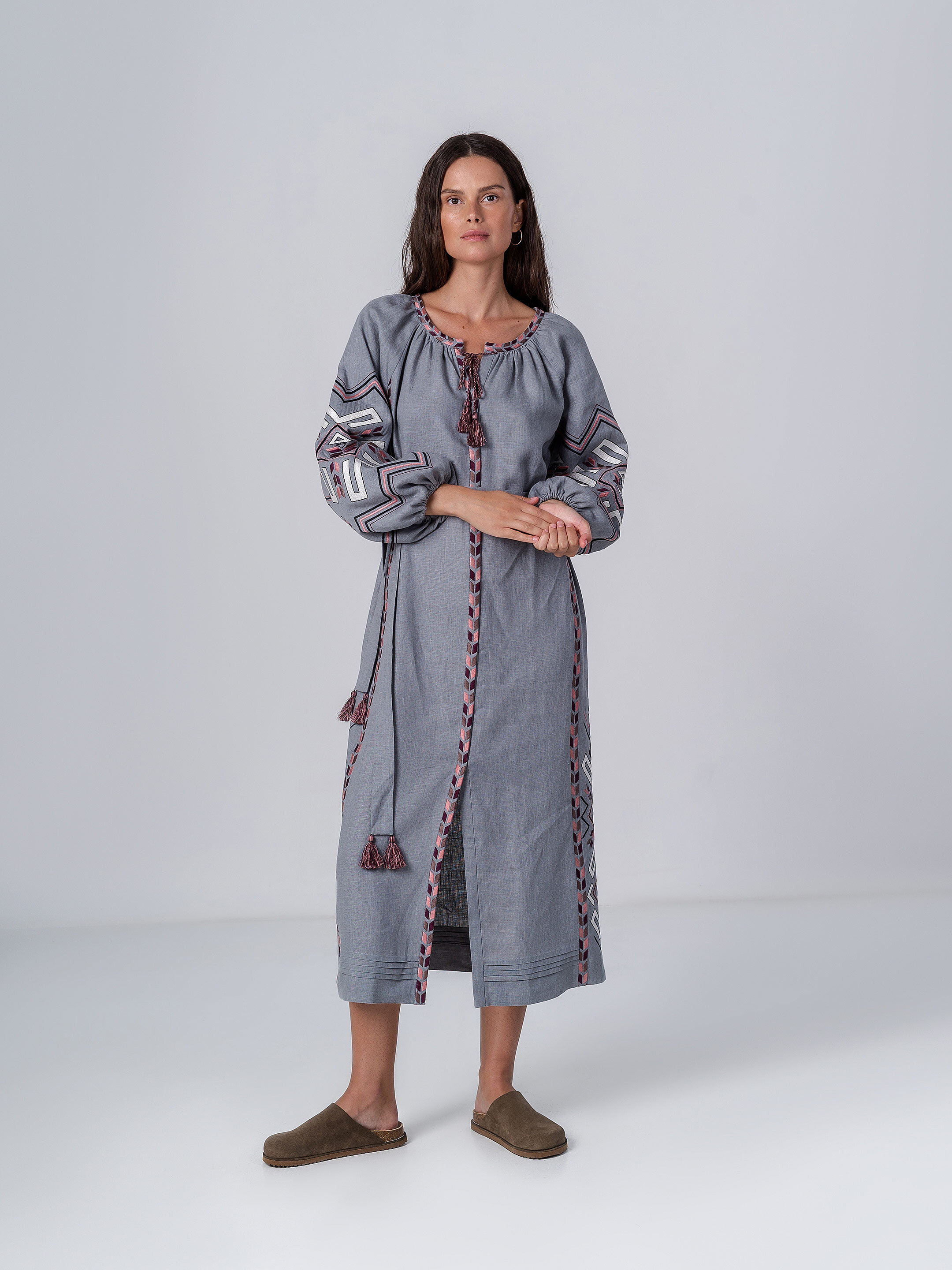 Gray linen dress with geometric embroidery Podilska ціна