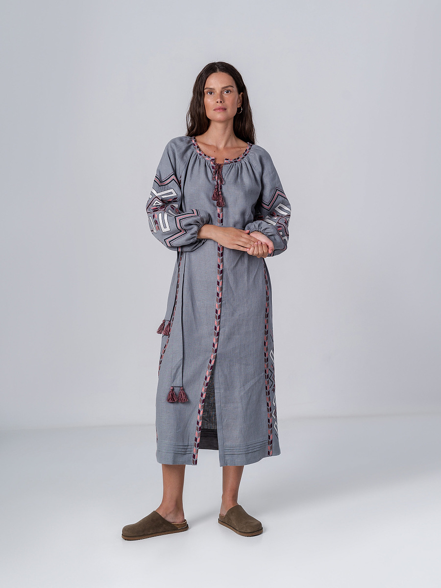 Gray linen dress with geometric embroidery Podilska [0]