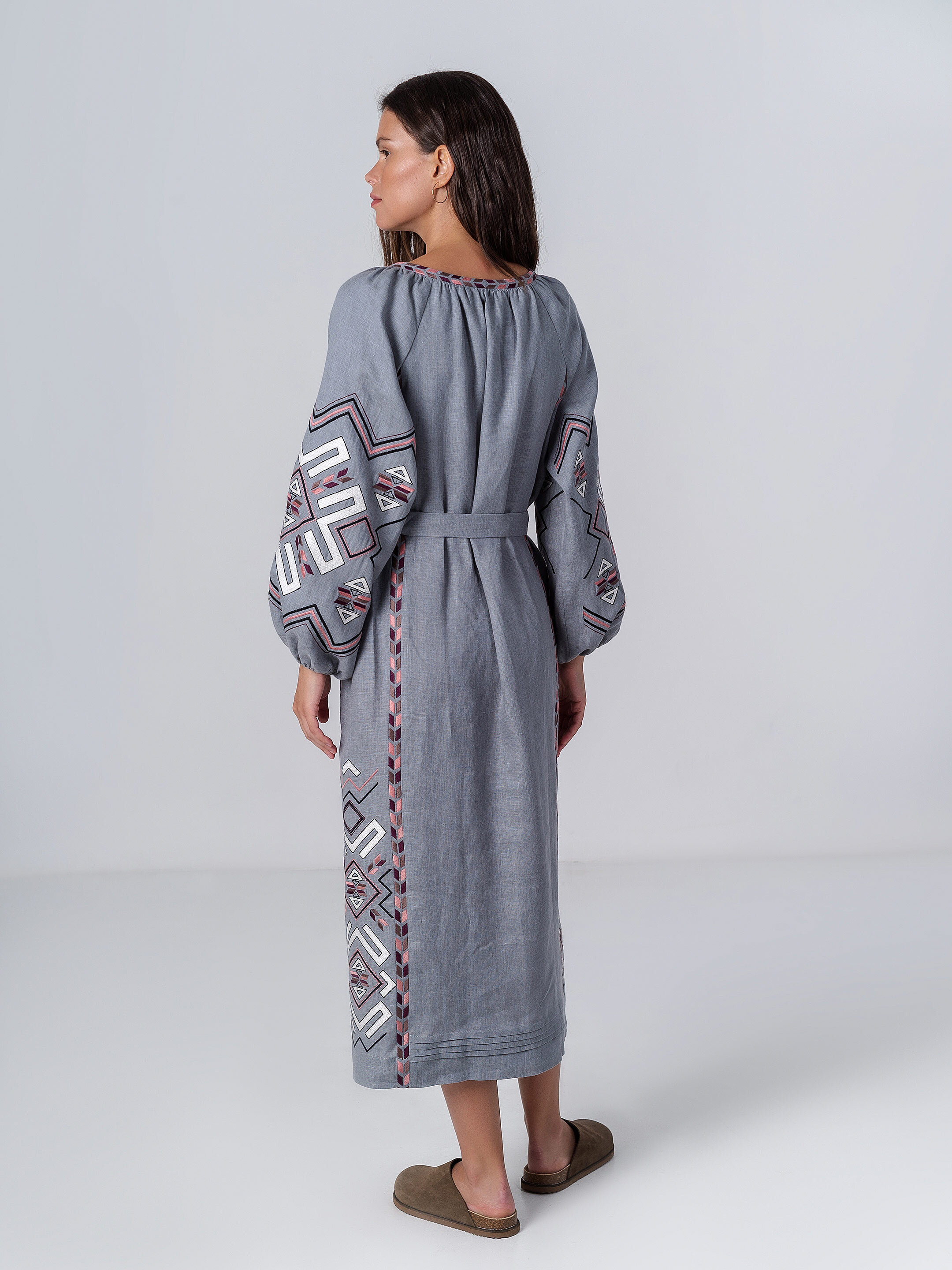 Gray linen dress with geometric embroidery Podilska in Ukraine
