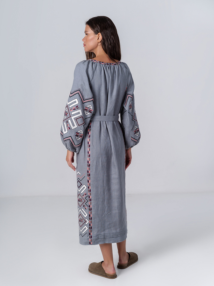 Gray linen dress with geometric embroidery Podilska [0]