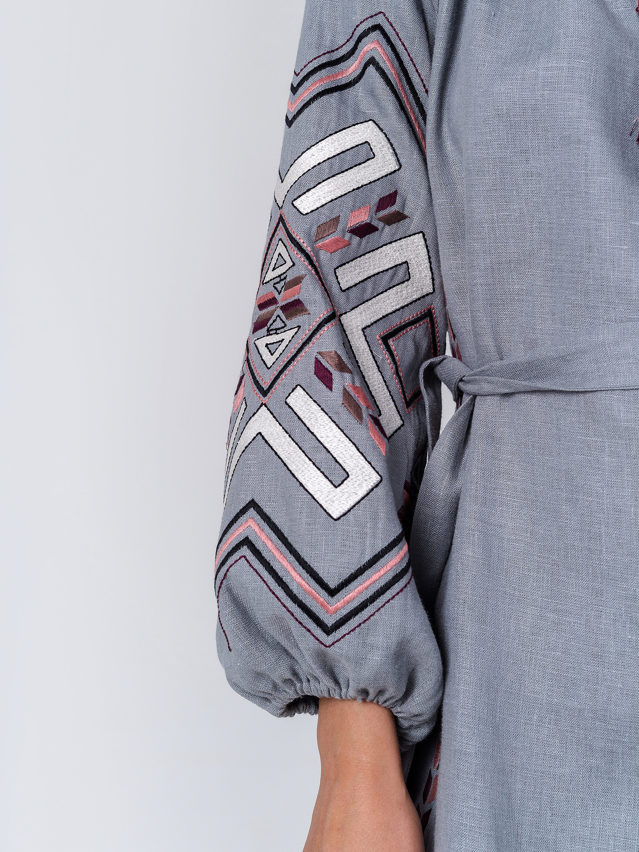 Gray linen dress with geometric embroidery Podilska photo