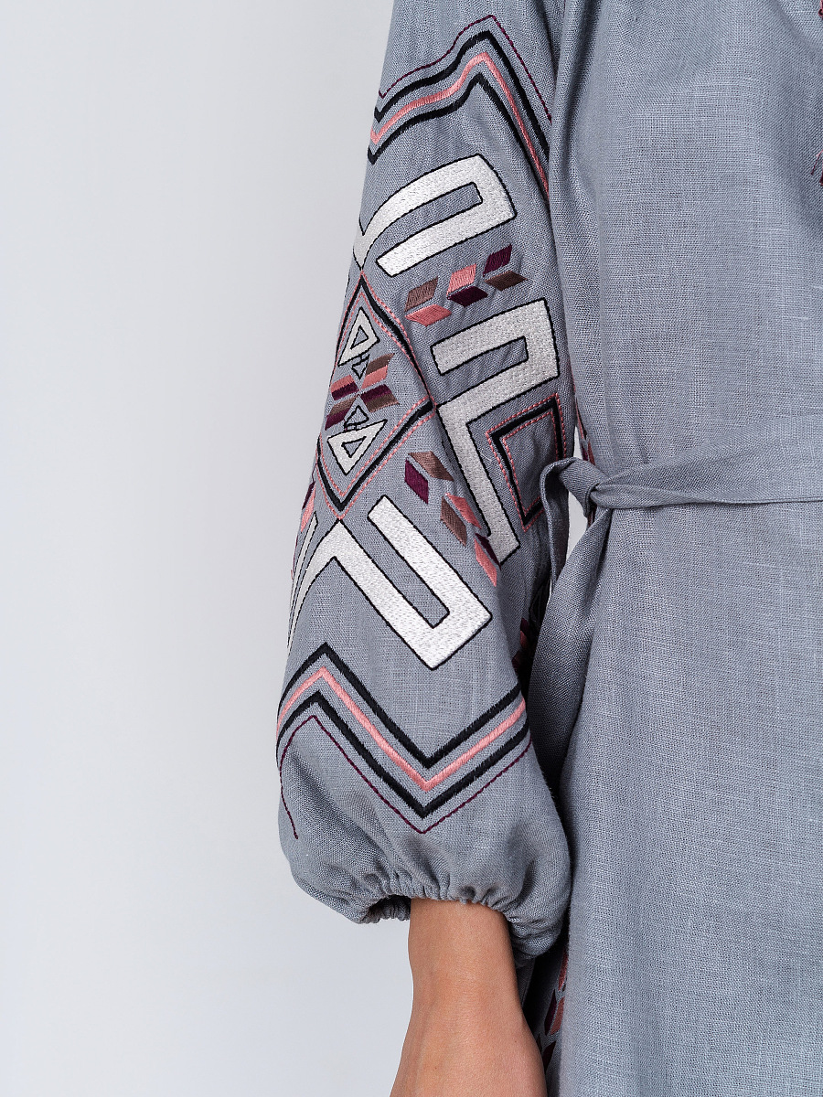 Gray linen dress with geometric embroidery Podilska [0]