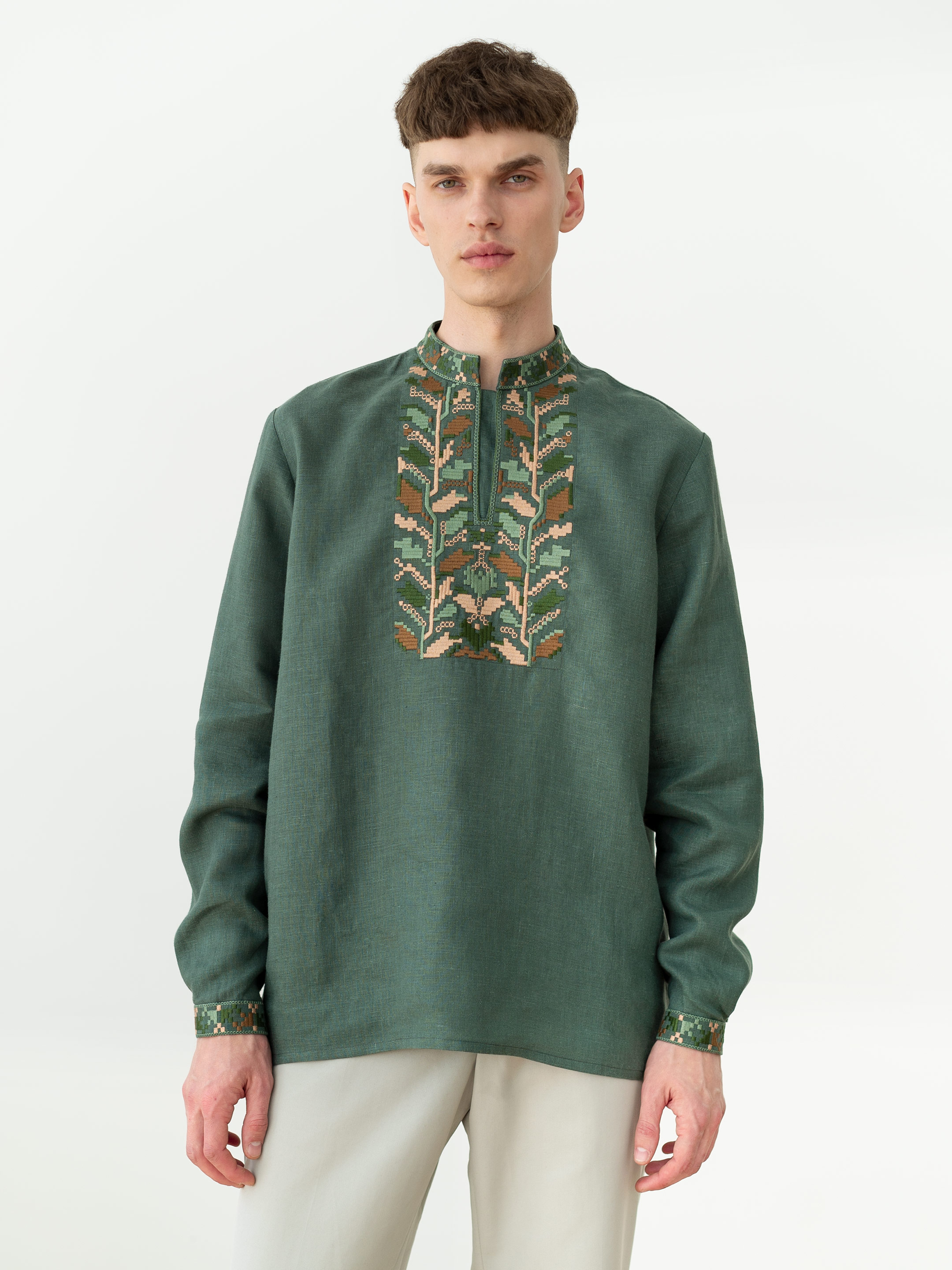 Men's embroidered shirt with pixel ornament of oak leaves Velych - photo 1