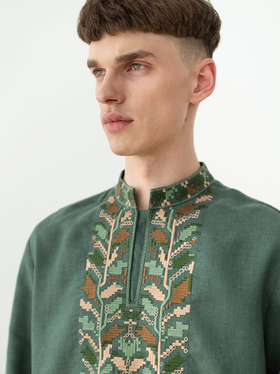 Men's embroidered shirt with pixel ornament of oak leaves Velych [0]