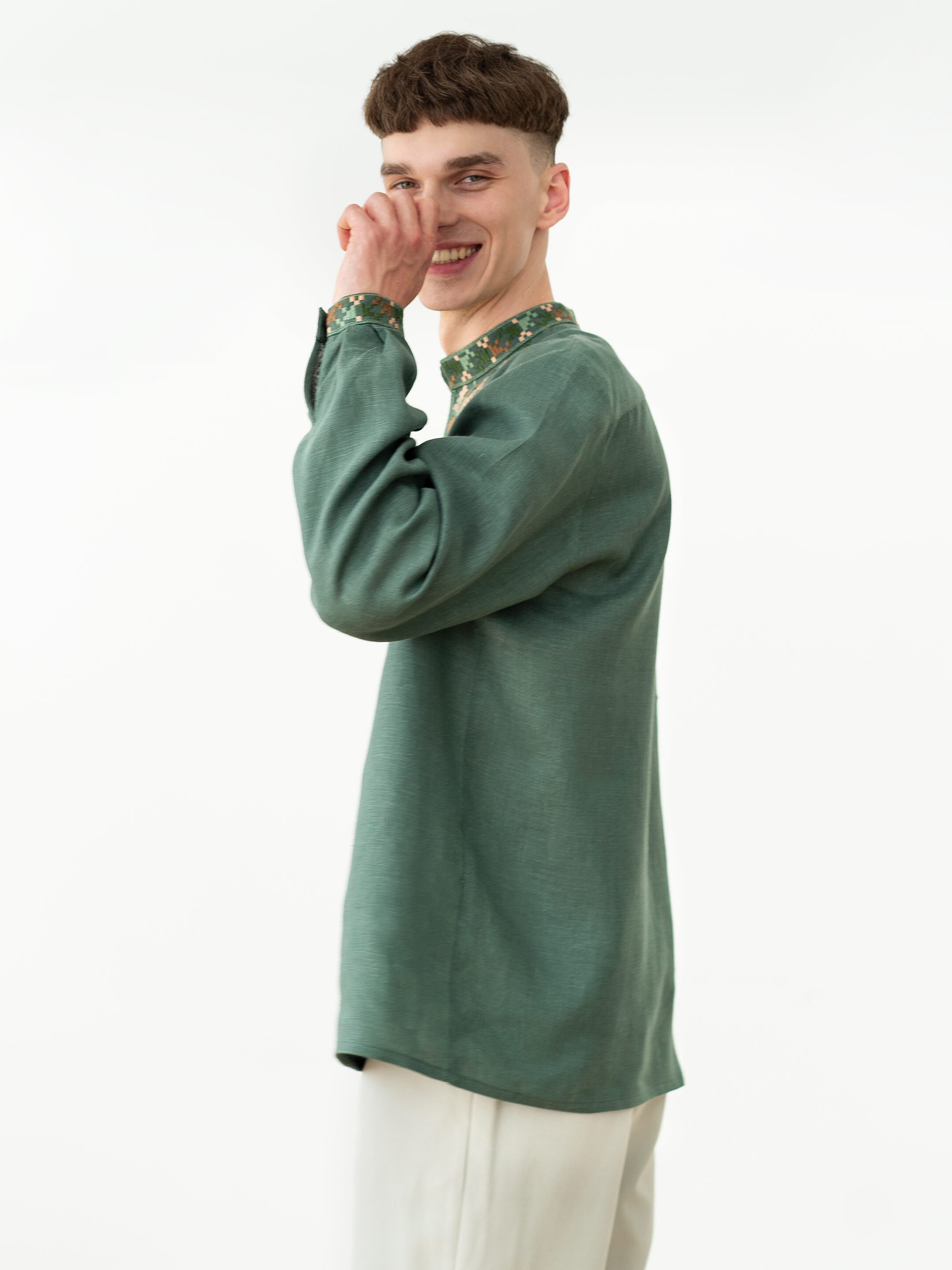 Men's embroidered shirt with pixel ornament of oak leaves Velych in Ukraine