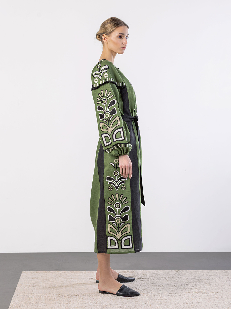 Green dress with black applique and embroidery VILHA [0]