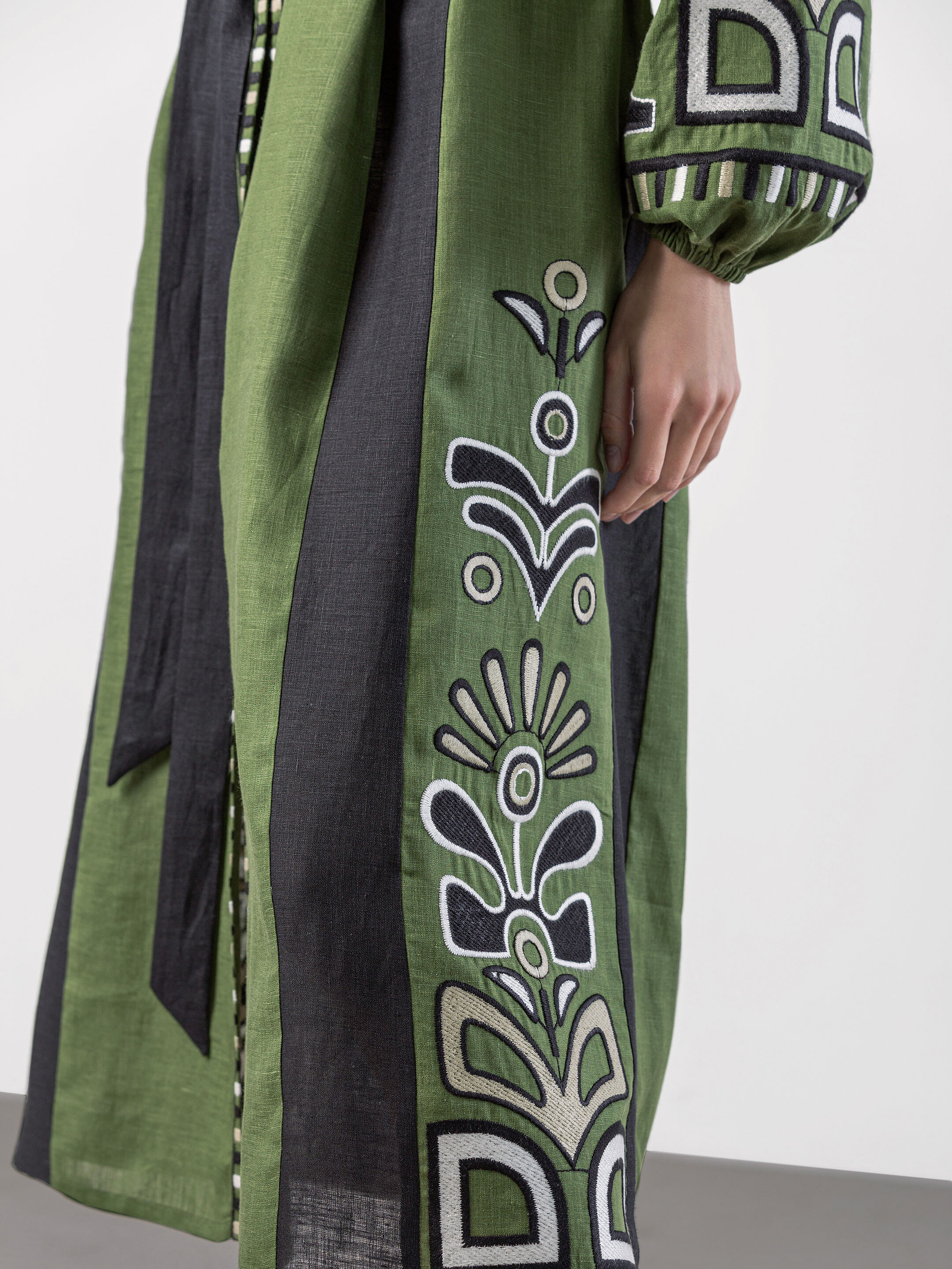 Green dress with black applique and embroidery VILHA choose