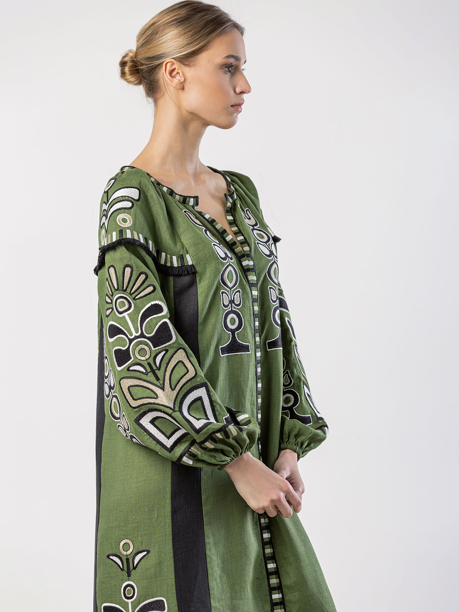 Green dress with black applique and embroidery VILHA [0]