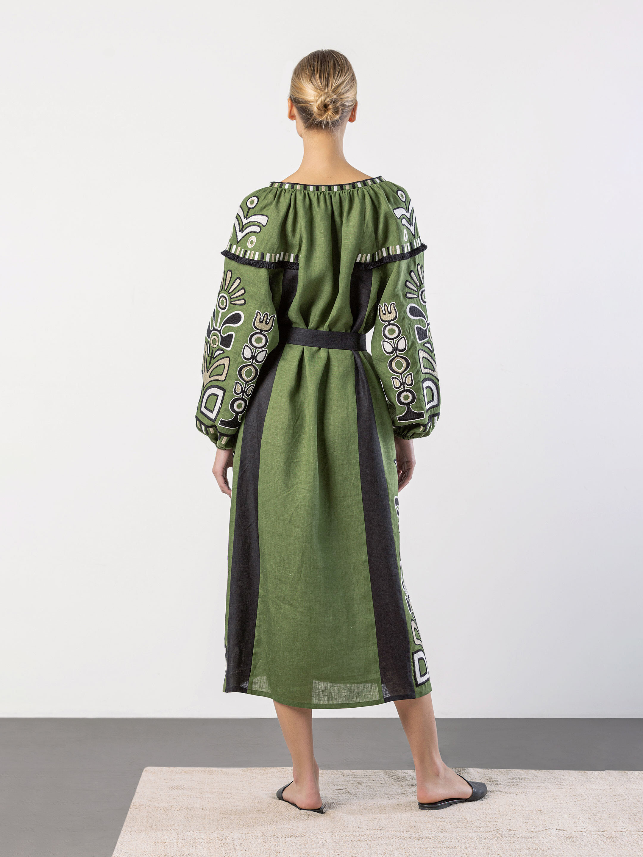 Green dress with black applique and embroidery VILHA in Ukraine
