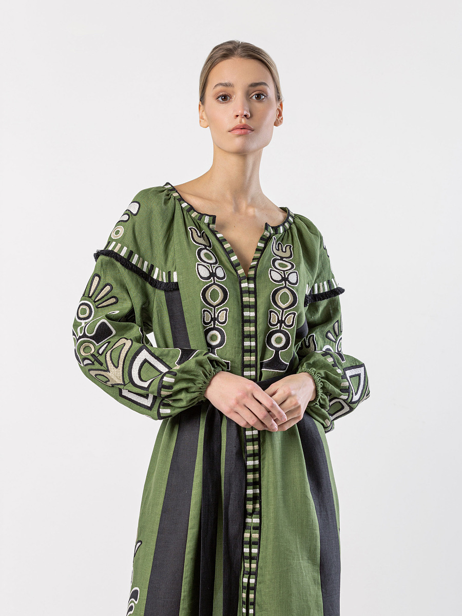 Green dress with black applique and embroidery VILHA [0]
