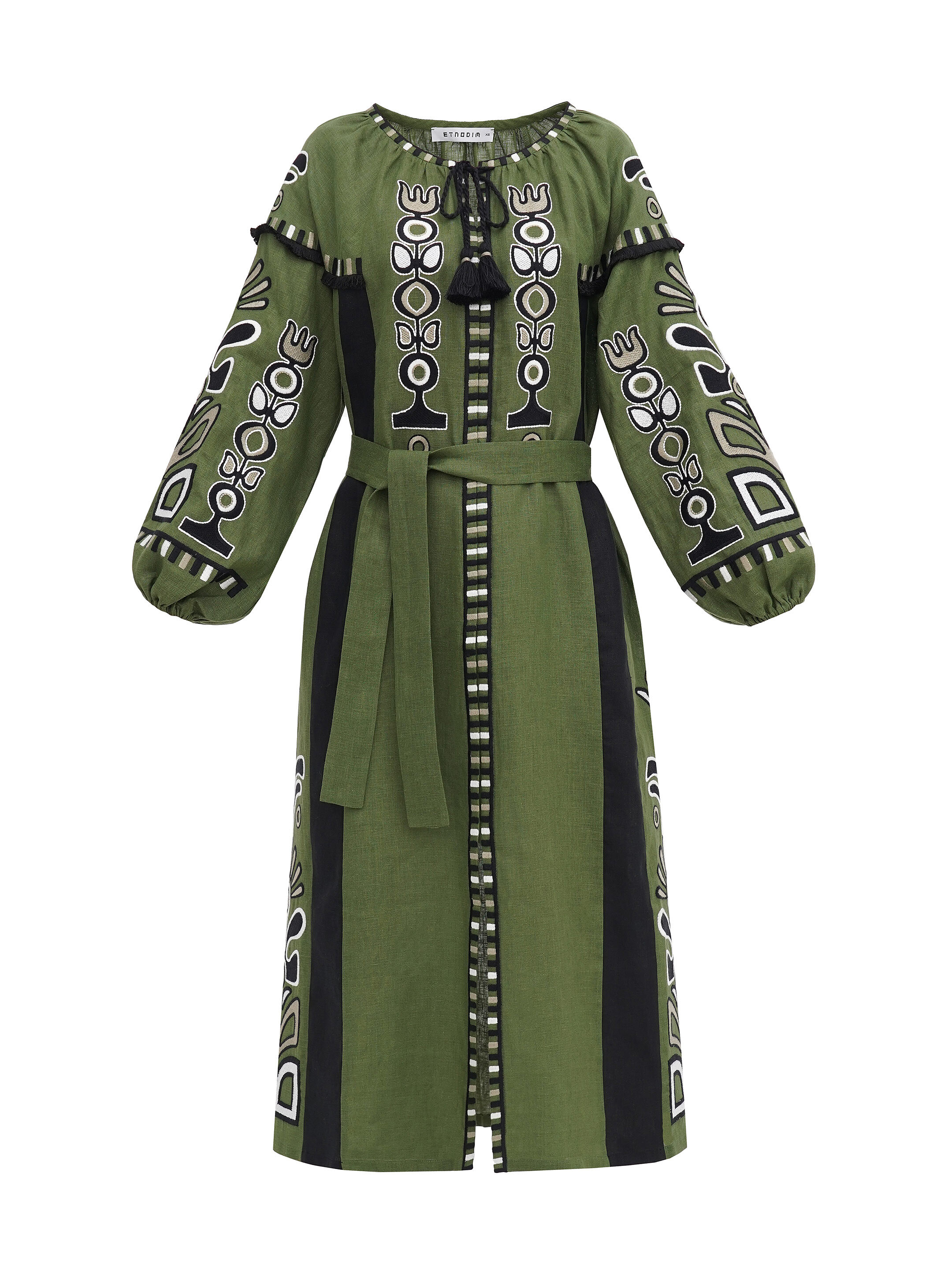 Green dress with black applique and embroidery VILHA sizes