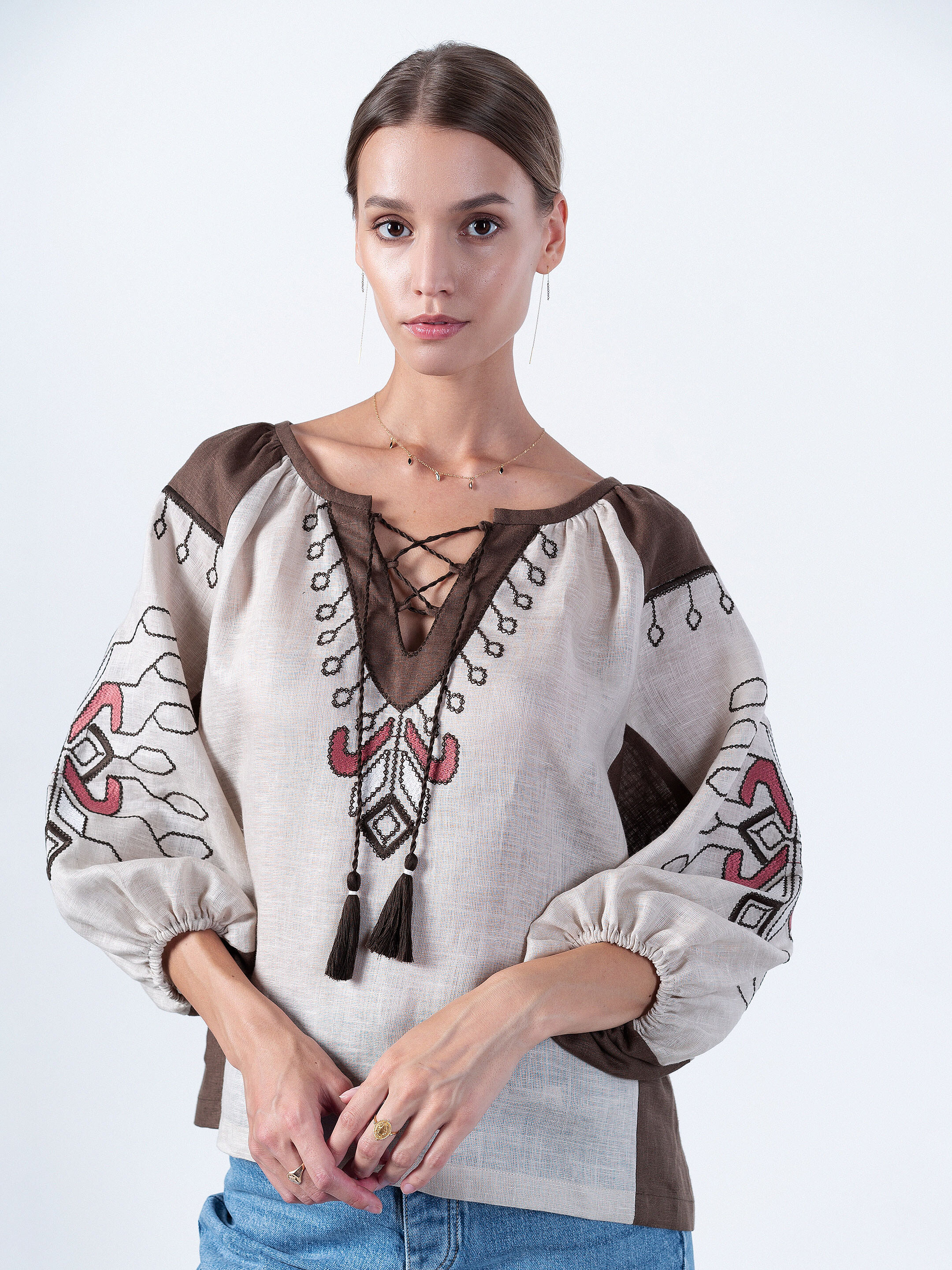 Blouse of linen with floral ornaments Barvinok Grey Buy