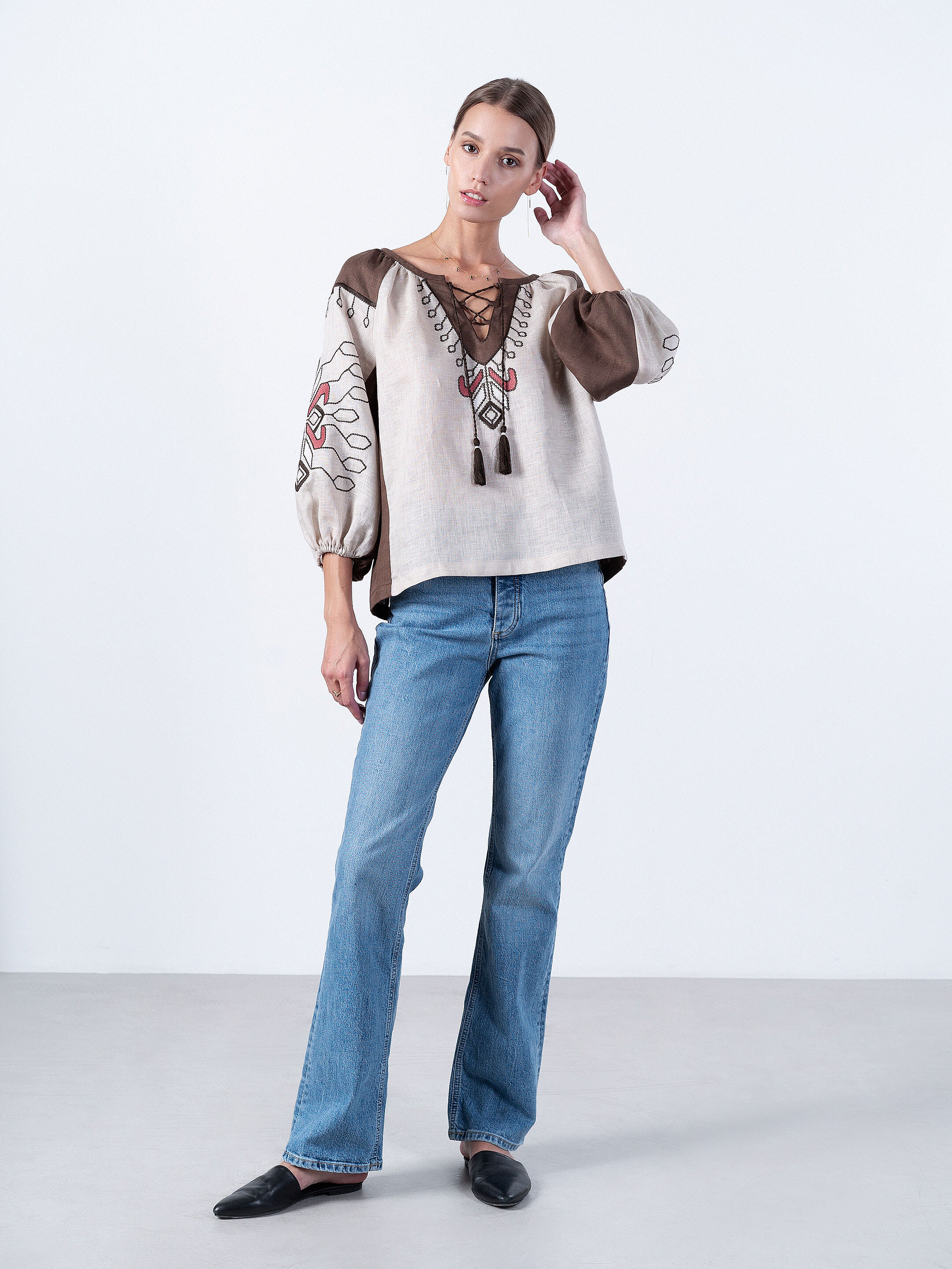 Blouse of linen with floral ornaments Barvinok Grey cheap