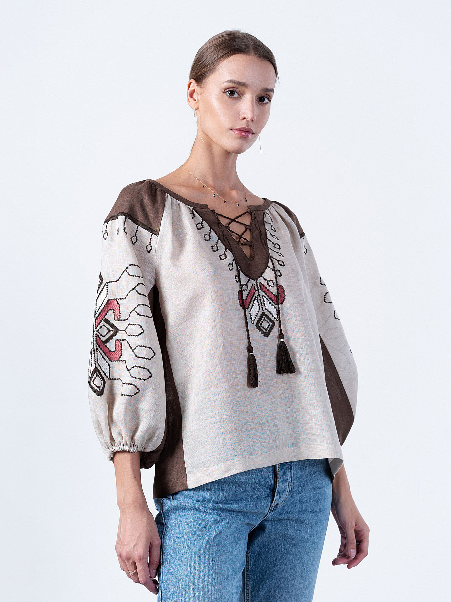 Blouse of linen with floral ornaments Barvinok Grey [0]