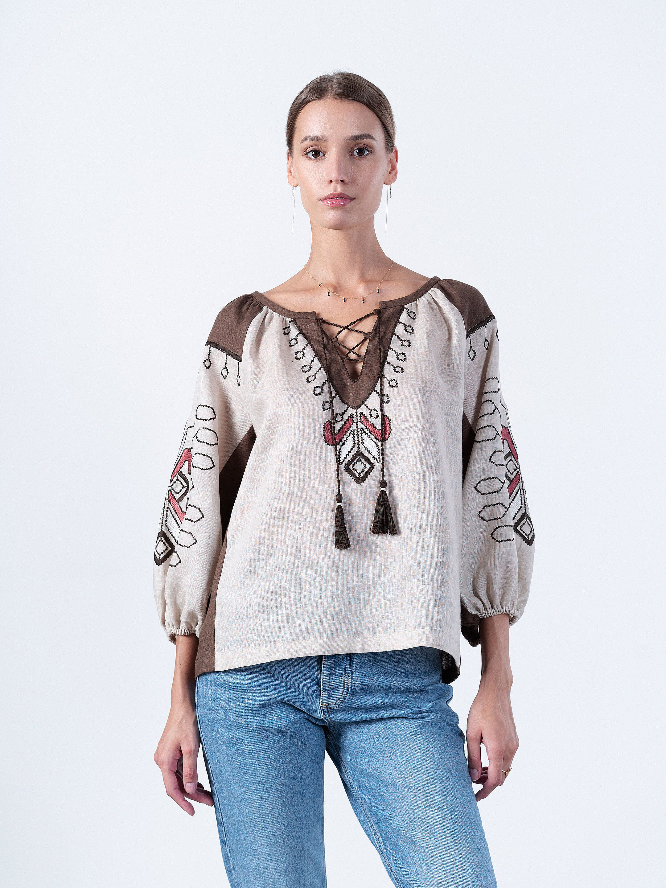 Blouse of linen with floral ornaments Barvinok Grey choose