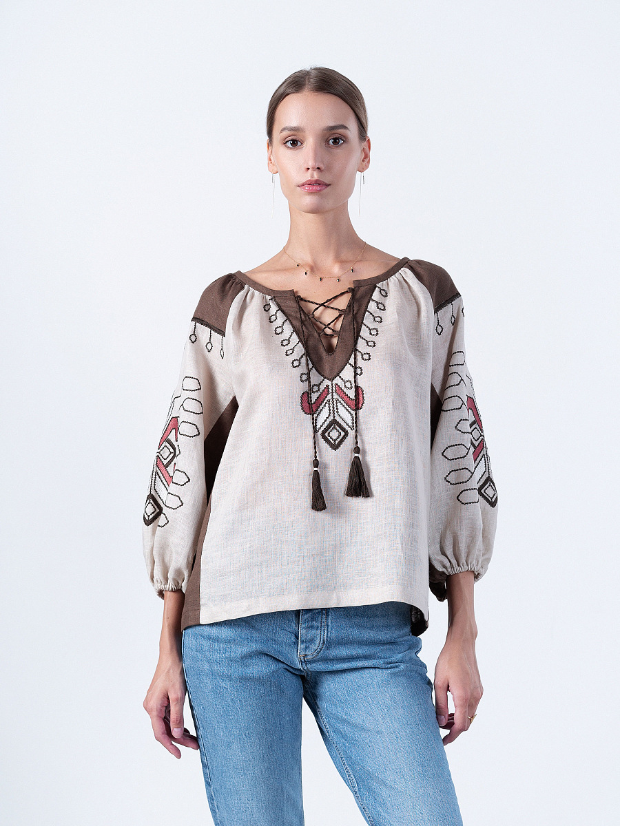 Blouse of linen with floral ornaments Barvinok Grey [0]