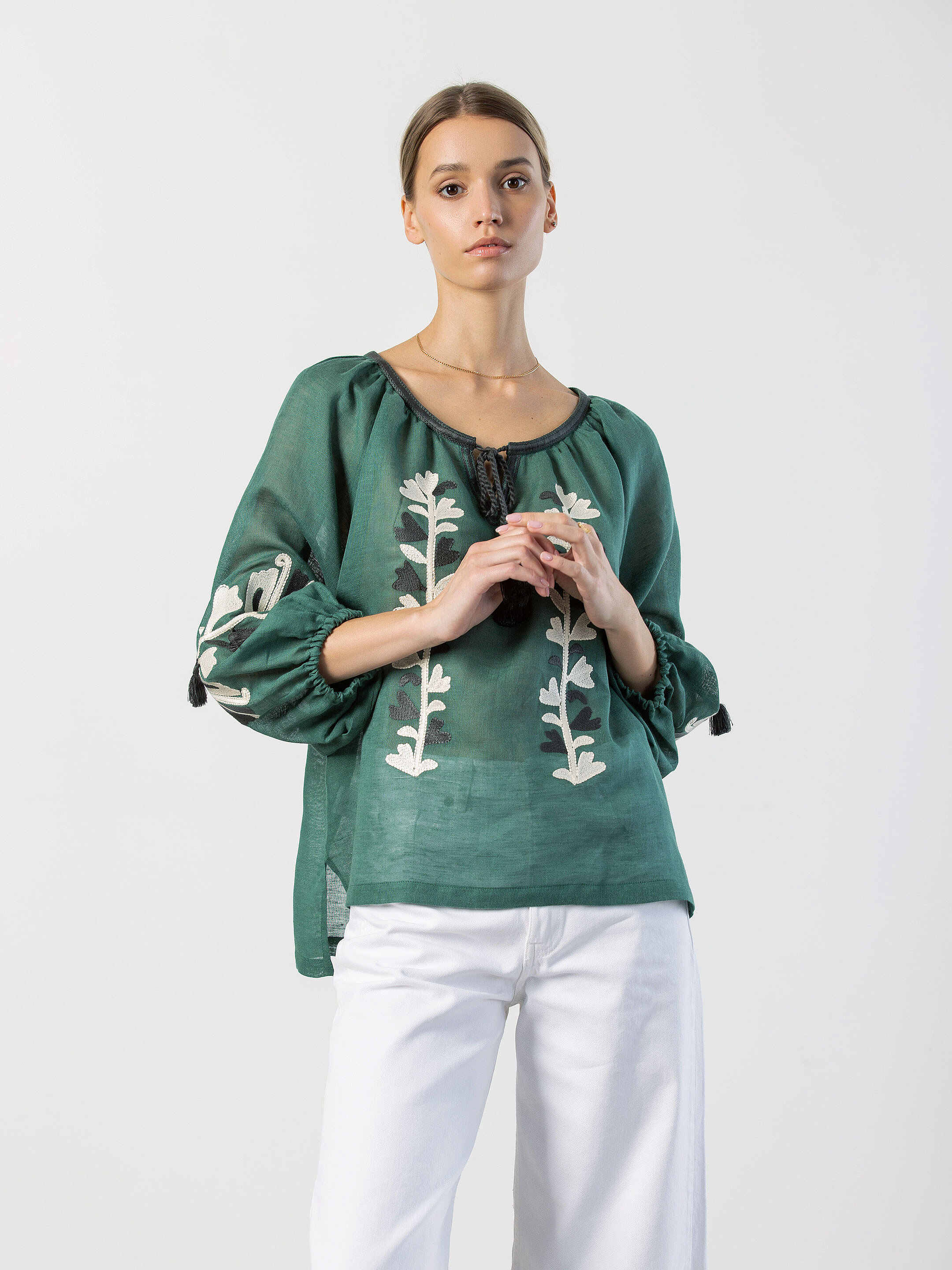 Linen embroidered blouse Green Daisy Buy