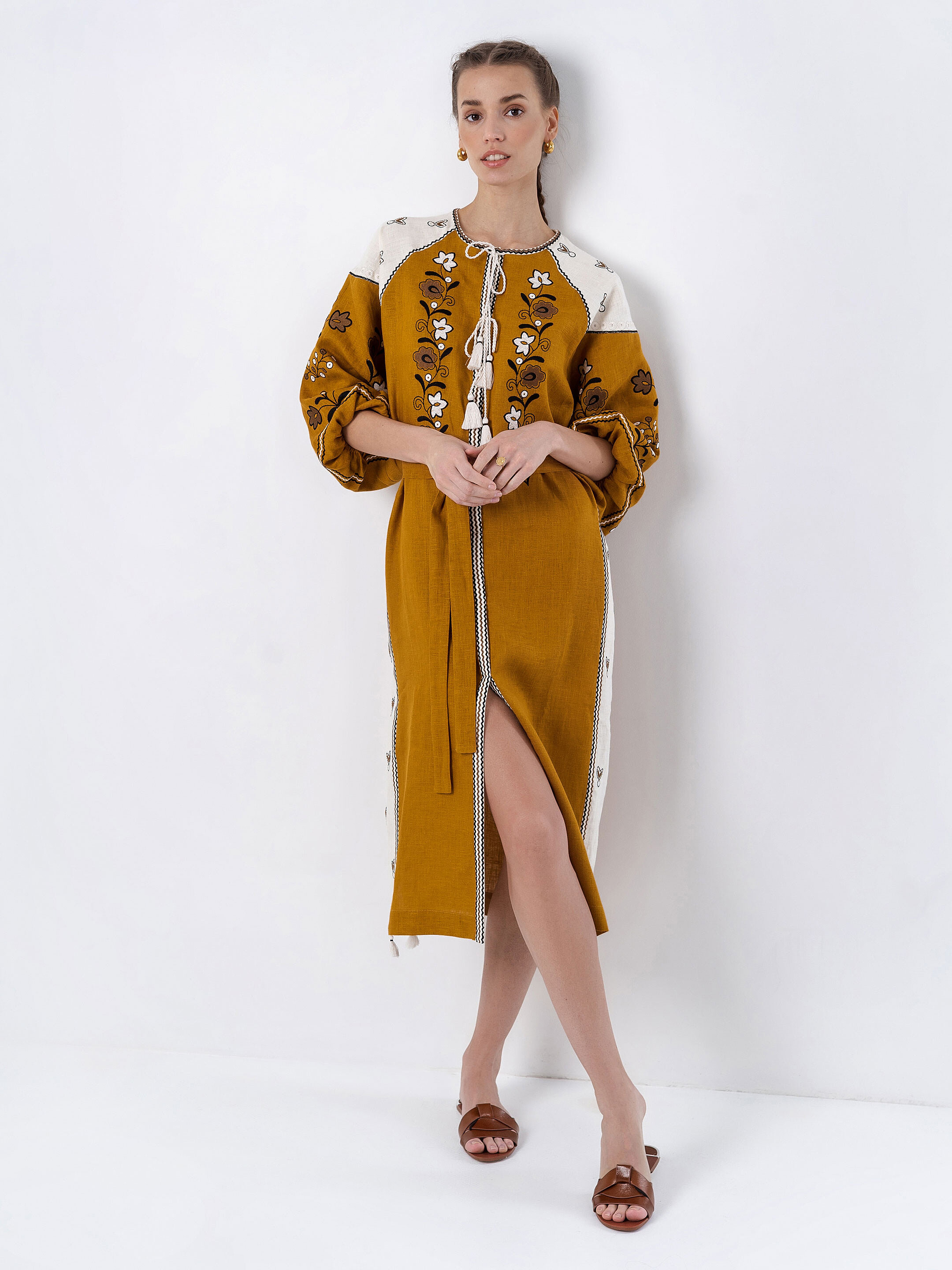 Linen dress with floral ornament April Yellow Buy