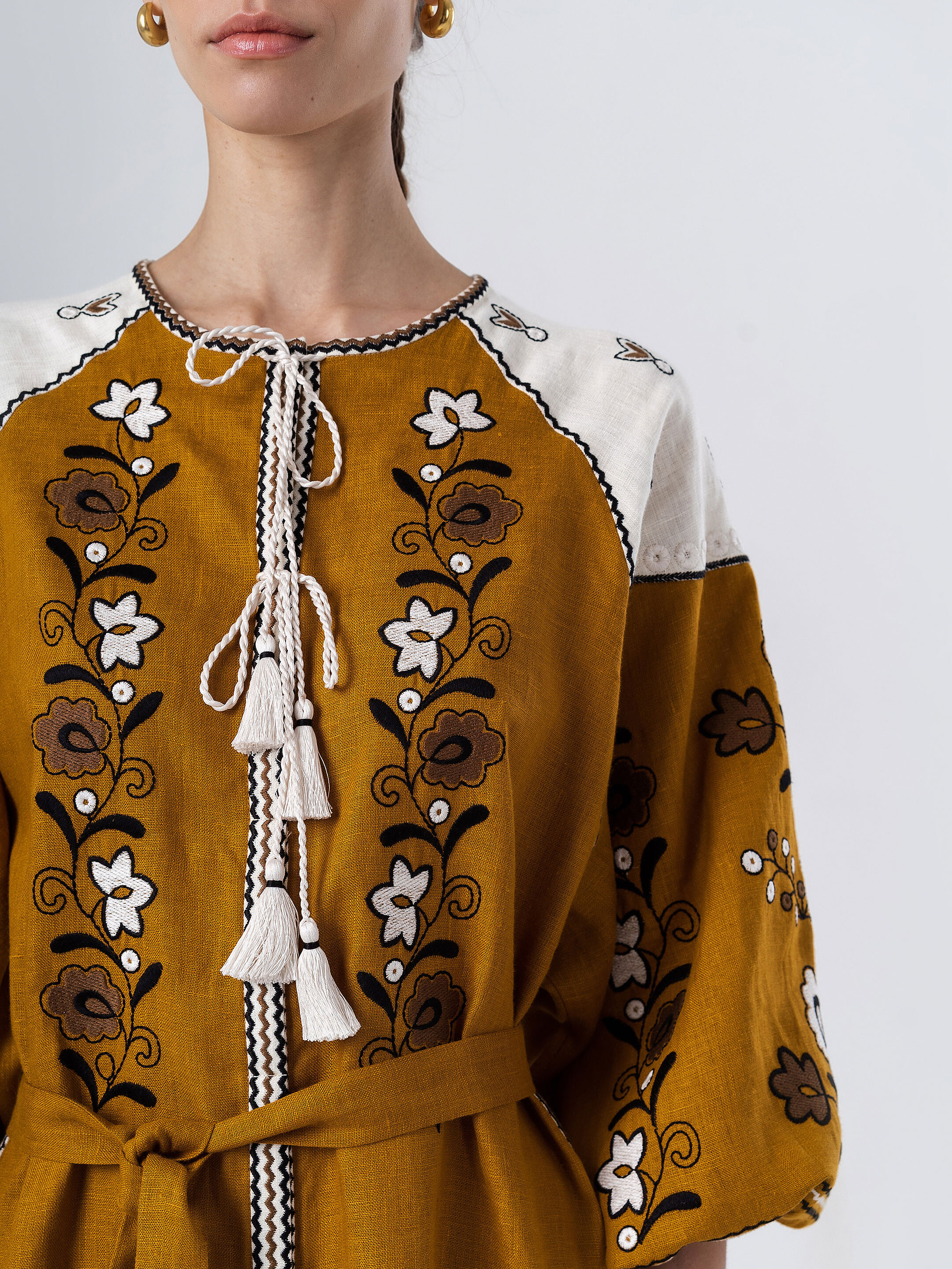 Linen dress with floral ornament April Yellow ціна