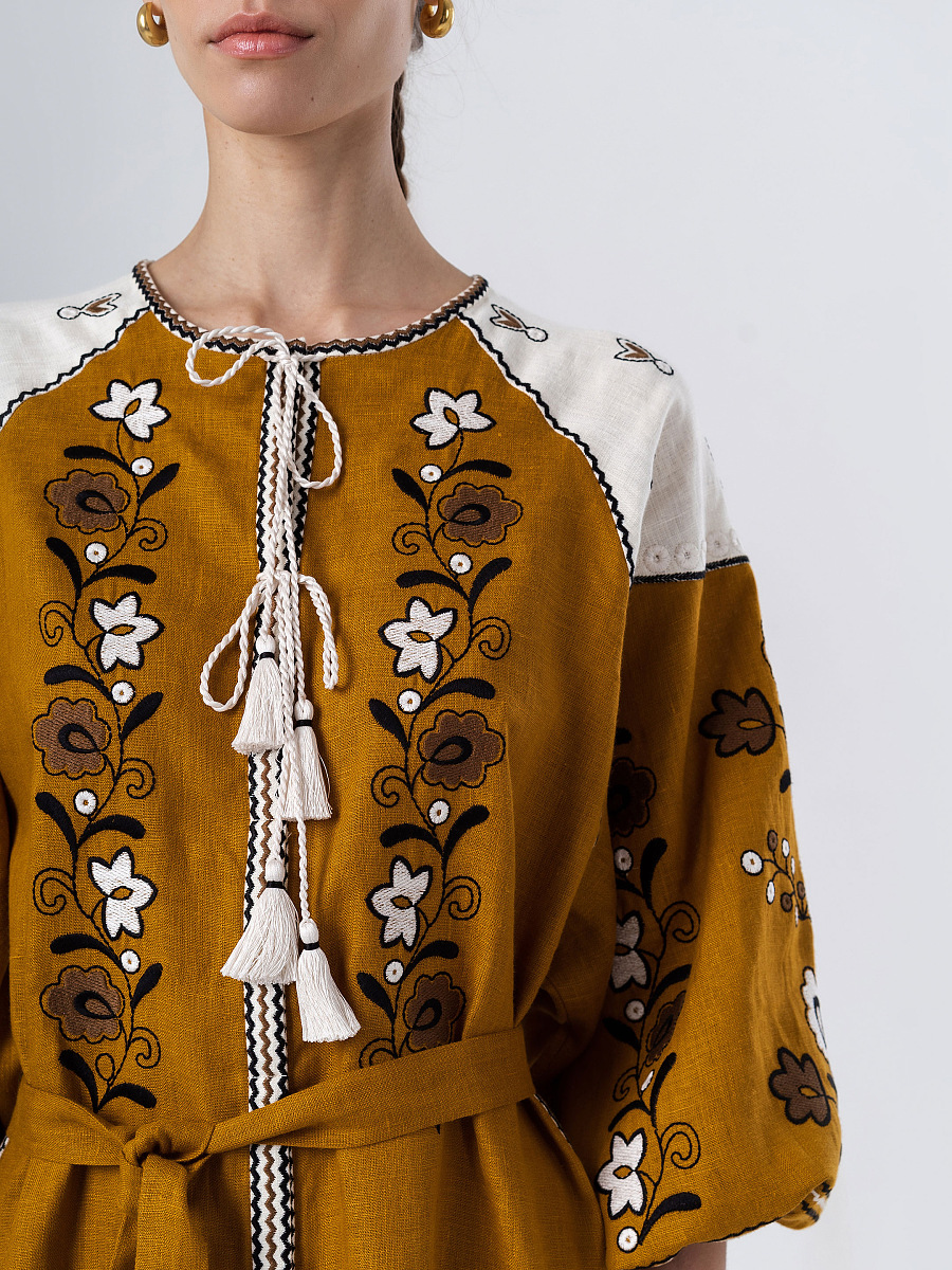 Linen dress with floral ornament April Yellow [0]