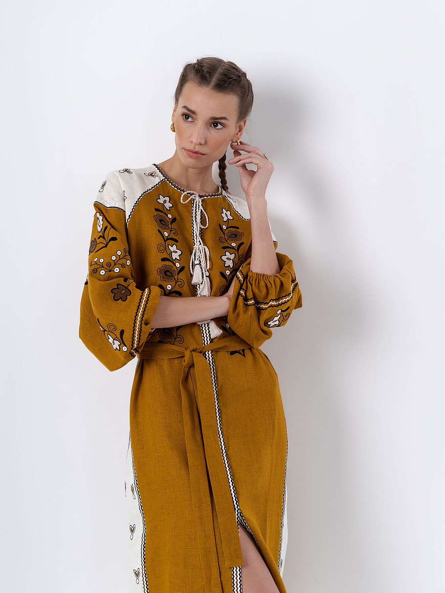 Linen dress with floral ornament April Yellow [0]