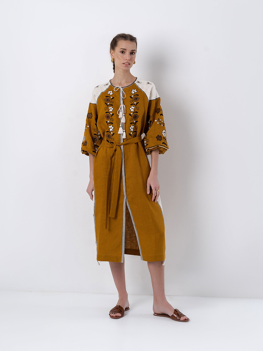 Linen dress with floral ornament April Yellow [0]