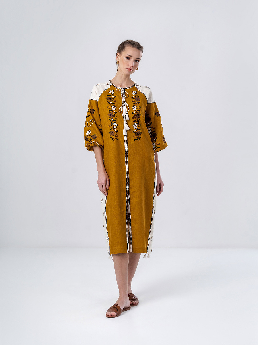 Linen dress with floral ornament April Yellow [0]