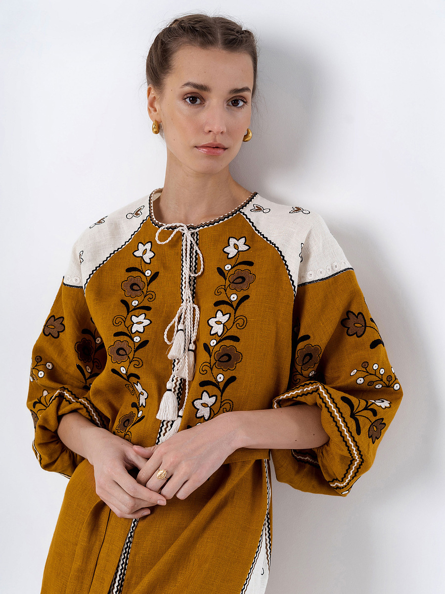 Linen dress with floral ornament April Yellow [0]