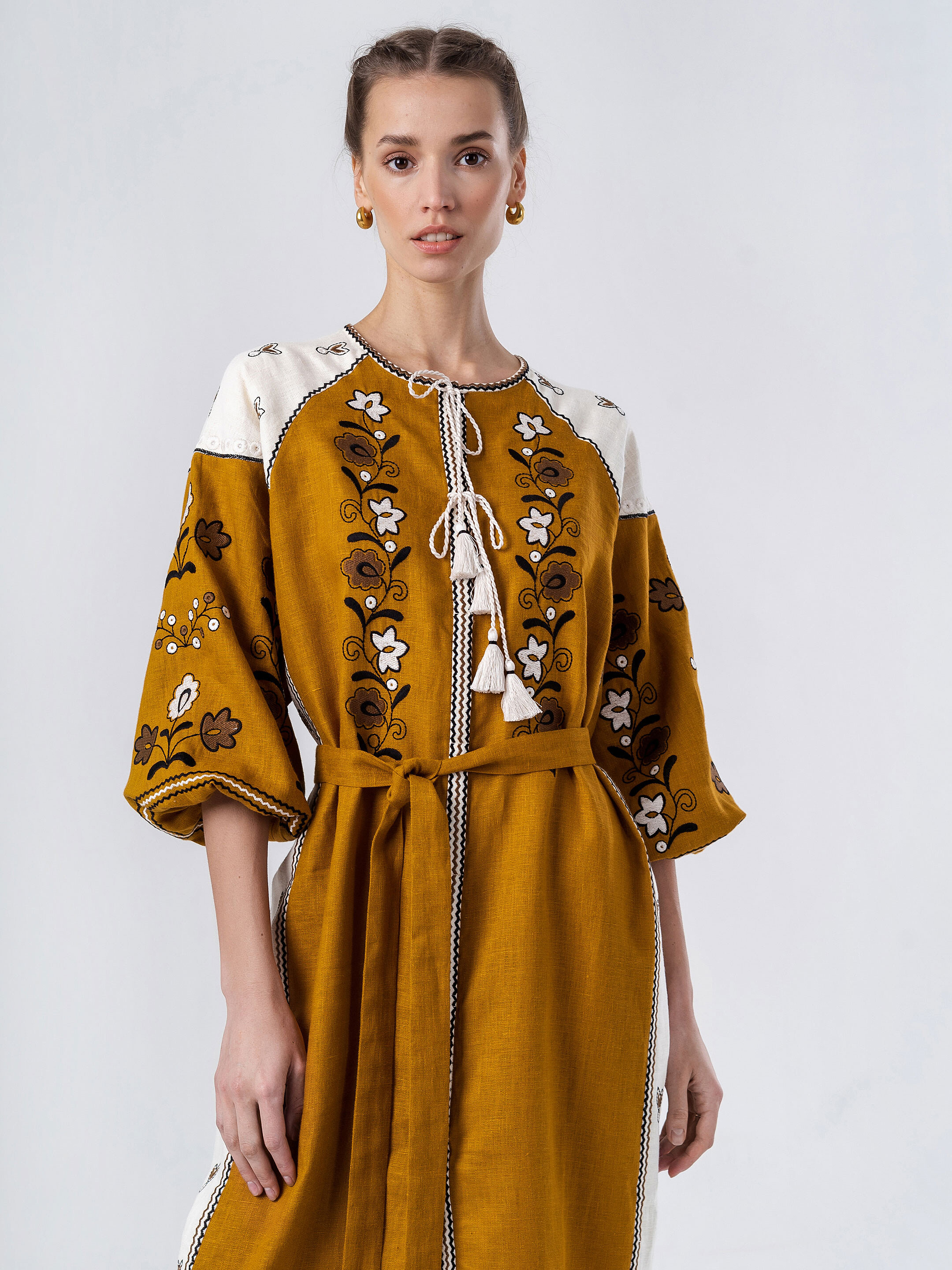 Linen dress with floral ornament April Yellow sizes